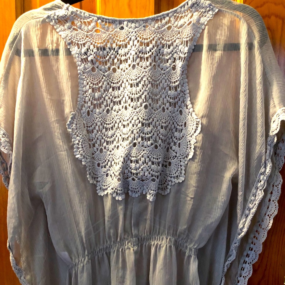 Light grey blouse with crocheted back and trim